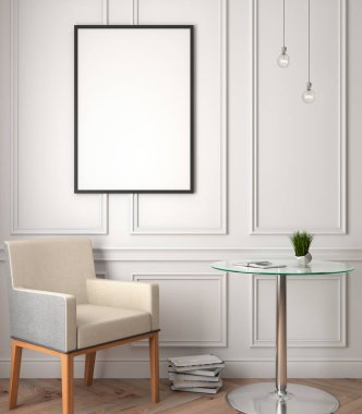 İç kısımda Mockup Poster, modern bir tasarımın 3B çizimi