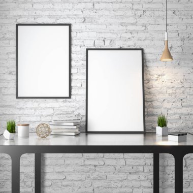 Mockup Poster iç, modern tasarım, beyaz duvara 3d çizimi