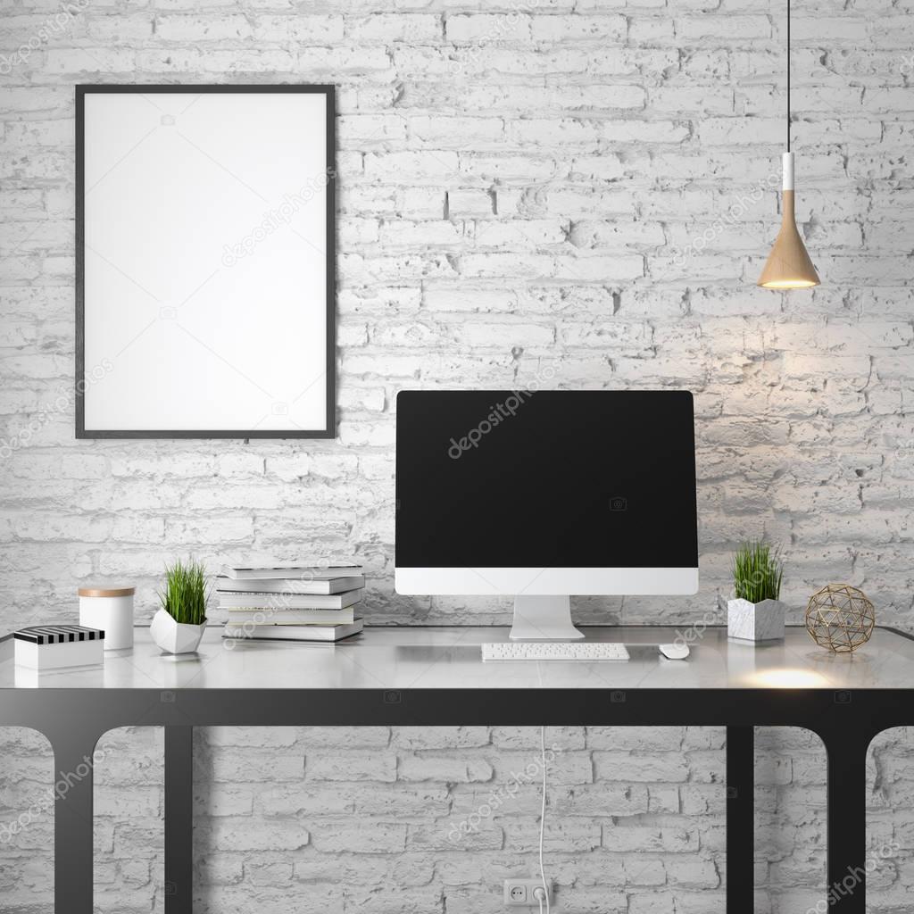 Mockup Poster in the interior, 3D illustration of a modern design, white brick wall