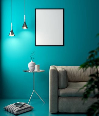 İç kısımda Mockup Poster, modern bir tasarımın 3B çizimi