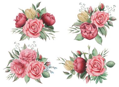 Çiçekler ve yapraklar, beyaz arka plan üzerinde izole suluboya büyüleyici kombinasyonu el boyalı.