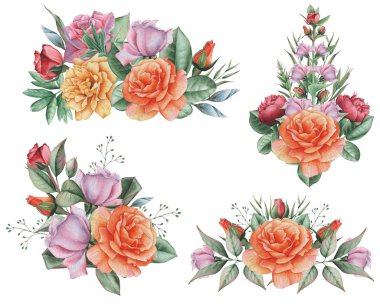 Çiçekler ve yapraklar, beyaz arka plan üzerinde izole suluboya büyüleyici kombinasyonu el boyalı.