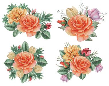 Çiçekler ve yapraklar, beyaz arka plan üzerinde izole suluboya büyüleyici kombinasyonu el boyalı.