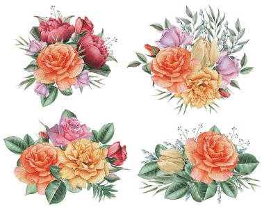 Çiçekler ve yapraklar, beyaz arka plan üzerinde izole suluboya büyüleyici kombinasyonu el boyalı.