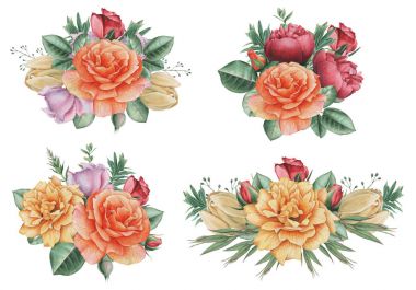 Çiçekler ve yapraklar, beyaz arka plan üzerinde izole suluboya büyüleyici kombinasyonu el boyalı.