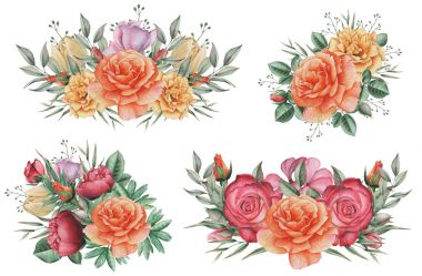 Çiçekler ve yapraklar, beyaz arka plan üzerinde izole suluboya büyüleyici kombinasyonu el boyalı.