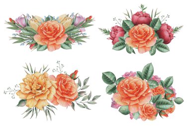 Çiçekler ve yapraklar, beyaz arka plan üzerinde izole suluboya büyüleyici kombinasyonu el boyalı.