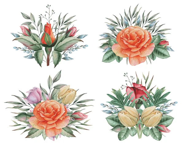 Çiçekler ve yapraklar, beyaz arka plan üzerinde izole suluboya büyüleyici kombinasyonu el boyalı.