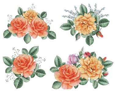 Çiçekler ve yapraklar, beyaz arka plan üzerinde izole suluboya büyüleyici kombinasyonu el boyalı.