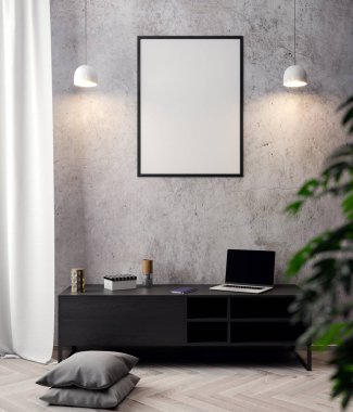 İç kısımda Mockup Poster, modern bir tasarımın 3B çizimi