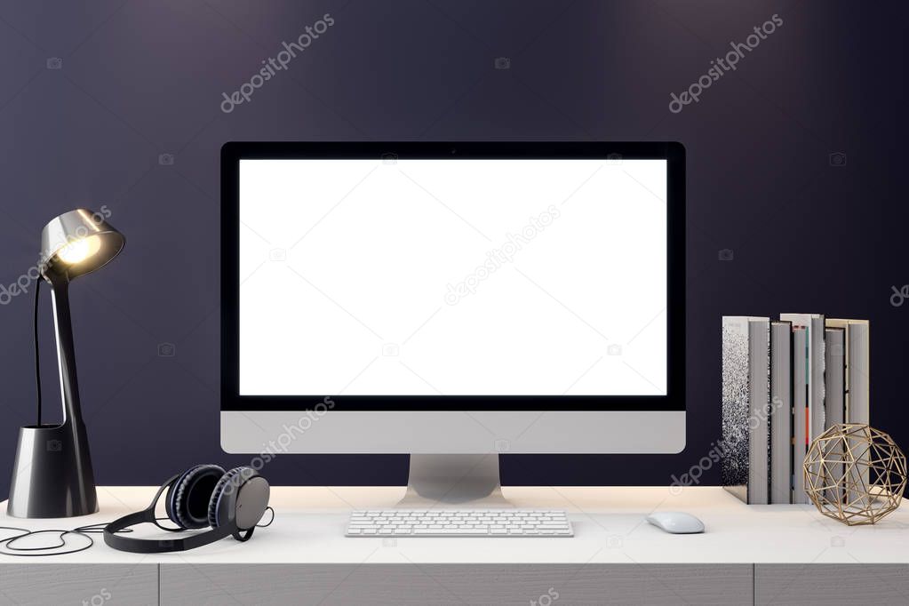 Mockup Poster in the interior, 3D illustration of a modern design with blue wall