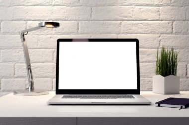 Mockup Poster iç, beyaz tuğla duvar ile modern bir tasarım 3d çizimi