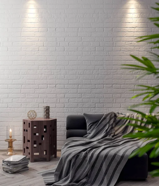 Mockup Poster in the interior, 3D illustration of a modern design with white brick wall