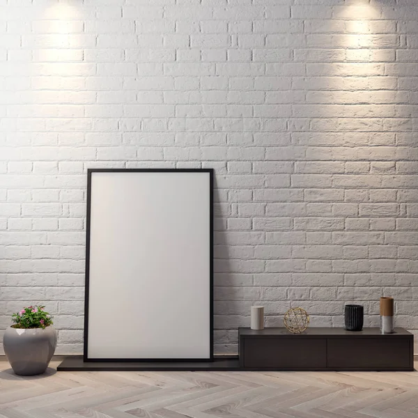 Mockup Poster iç, beyaz tuğla duvar ile modern bir tasarım 3d çizimi