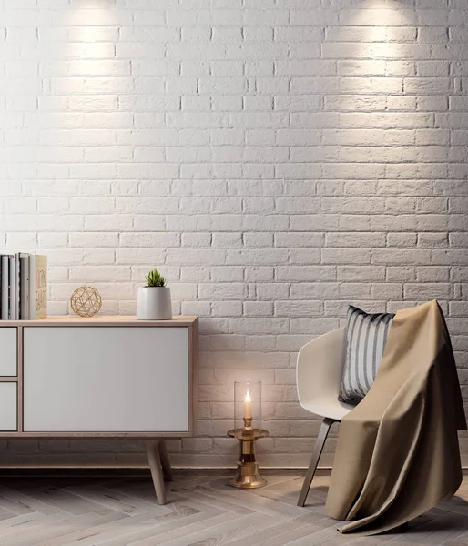 Mockup Poster no interior, ilustração 3D de um design moderno com parede de tijolo branco — Fotografia de Stock