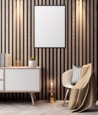 İç kısımda Mockup Poster, modern bir tasarımın 3B çizimi