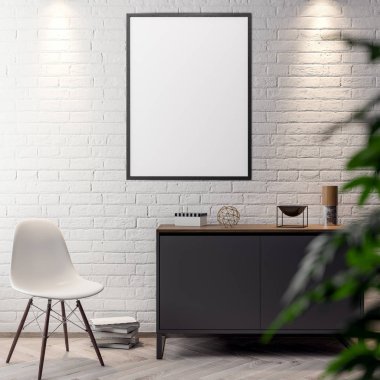 İç kısımda Mockup Poster, modern bir tasarımın 3B çizimi