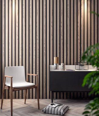 İç kısımda Mockup Poster, modern bir tasarımın 3B çizimi