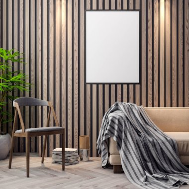 İç kısımda Mockup Poster, modern bir tasarımın 3B çizimi