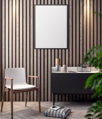 İç kısımda Mockup Poster, modern bir tasarımın 3B çizimi