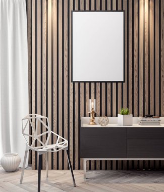 İç kısımda Mockup Poster, modern bir tasarımın 3B çizimi