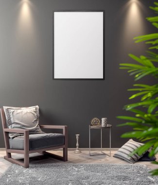 İç kısımda Mockup Poster, modern bir tasarımın 3B çizimi