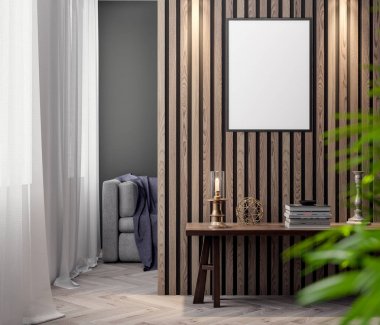 İç kısımda Mockup Poster, modern bir tasarımın 3B çizimi