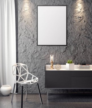 İç kısımda Mockup Poster, modern bir tasarımın 3B çizimi