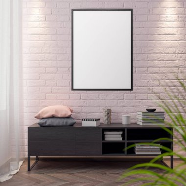 İç kısımda Mockup Poster, modern bir tasarımın 3B çizimi