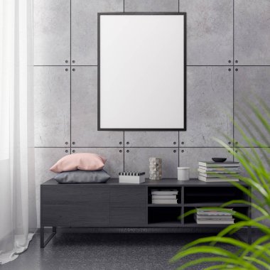 İç kısımda Mockup Poster, modern bir tasarımın 3B çizimi