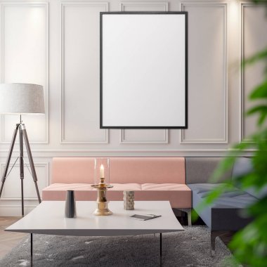 İç kısımda Mockup Poster, modern bir tasarımın 3B çizimi