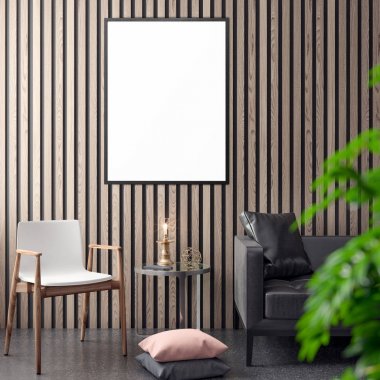 İç kısımda Mockup Poster, modern bir tasarımın 3B çizimi