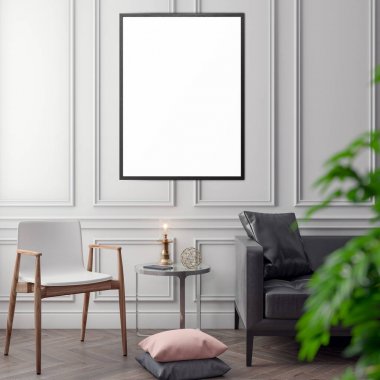 İç kısımda Mockup Poster, modern bir tasarımın 3B çizimi