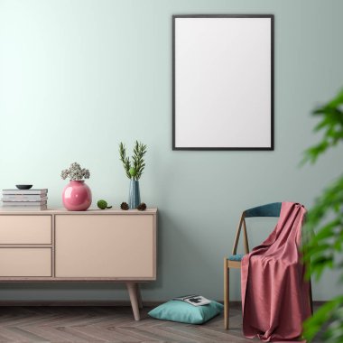 İç kısımda Mockup Poster, modern bir tasarımın 3B çizimi