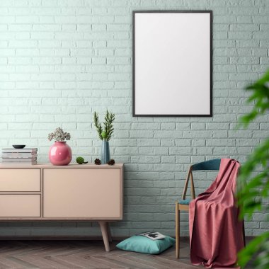 İç kısımda Mockup Poster, modern bir tasarımın 3B çizimi