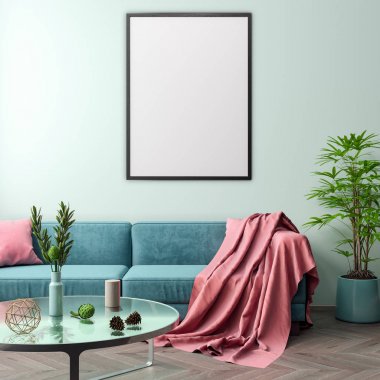 İç kısımda Mockup Poster, modern bir tasarımın 3B çizimi