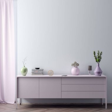 Poster çerçevesi arka planda hipster iç pembe renkler, İskandinav tarzı, 3d render, 3d çizim kadar alay