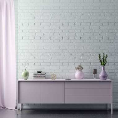 Poster çerçevesi arka planda hipster iç pembe renkler ve tuğla duvar, 3d render, 3d çizim kadar alay