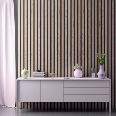 Poster çerçevesi hipster pembe renklerde iç arka planda kadar alay ve ahşap paneller, 3d render, 3d çizim