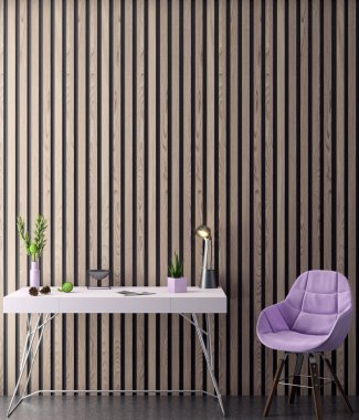 Poster çerçevesi hipster pembe renklerde iç arka planda kadar alay ve ahşap paneller, 3d render, 3d çizim