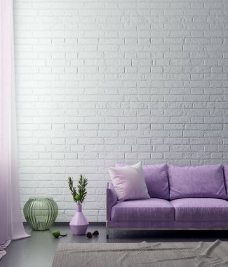 Poster çerçevesi arka planda hipster iç pembe renkler ve tuğla duvar, 3d render, 3d çizim kadar alay