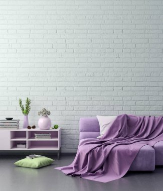 Poster çerçevesi arka planda hipster iç pembe renkler ve tuğla duvar, 3d render, 3d çizim kadar alay