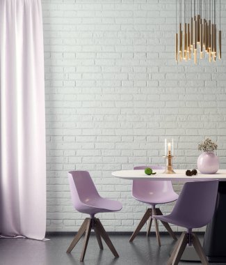 Poster çerçevesi arka planda hipster iç pembe renkler ve tuğla duvar, 3d render, 3d çizim kadar alay