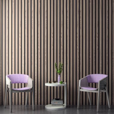 Poster çerçevesi hipster pembe renklerde iç arka planda kadar alay ve ahşap paneller, 3d render, 3d çizim