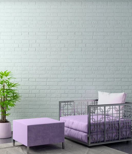 Mock up poster frame in hipster interior background in pink colors and brick wall, 3D render, 3D illustration — Stock Photo, Image