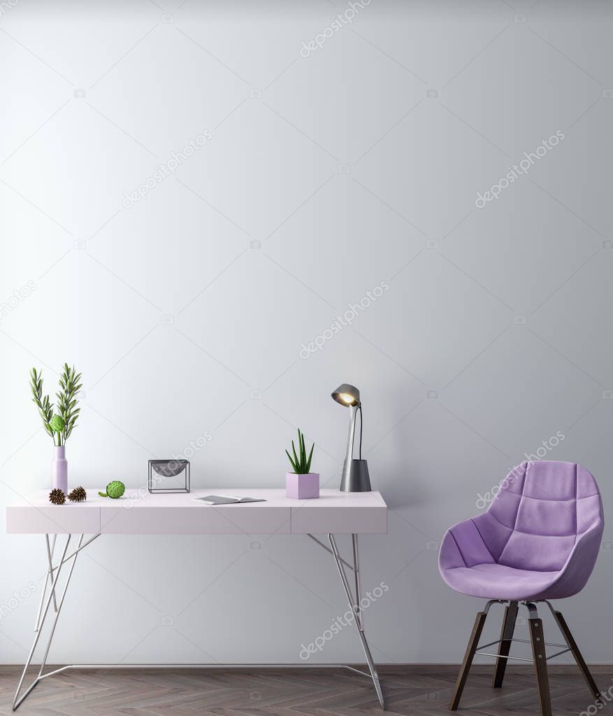 Mock up poster frame in hipster interior background in pink colors, Scandinavian style, 3D render, 3D illustration