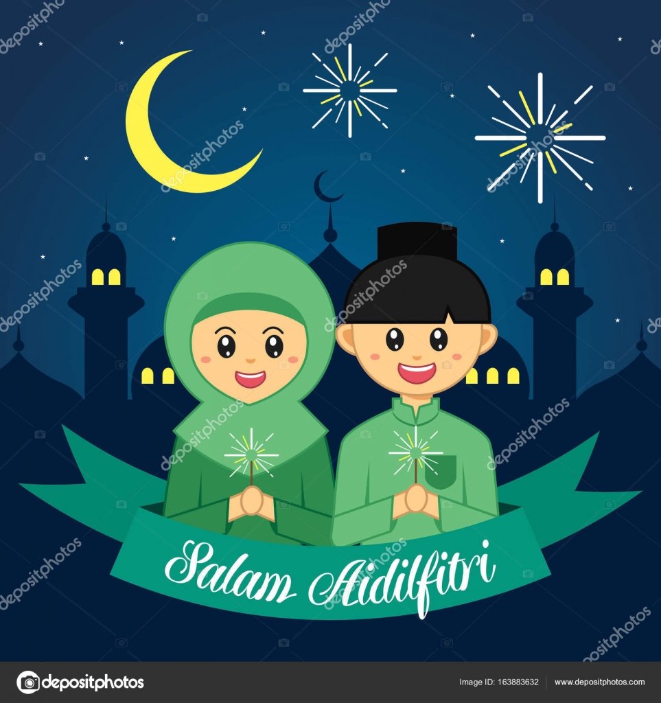 Hari Raya Aidilfitri vector illustration. Cute muslim boy 