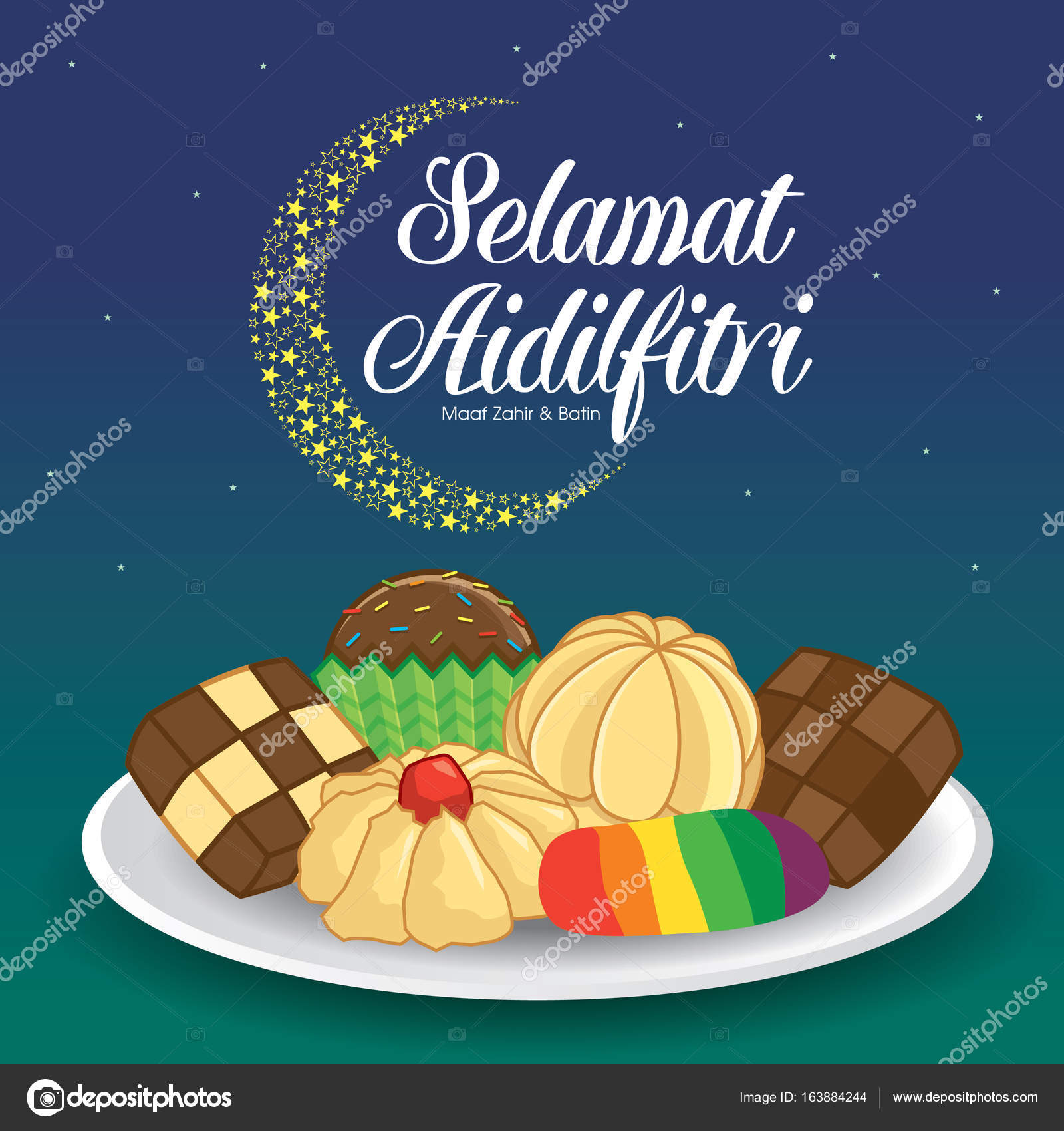 Selamat Hari Raya Aidilfitri矢量图解与传统的Kuih Raya. 图库矢量图©animicsgo 163884244, image size:963x1024
