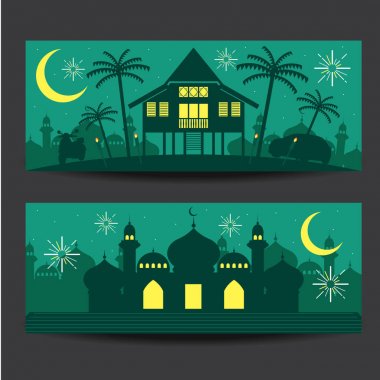Hari Raya Aidilfitri vektör çizim afiş geleneksel malay Köyü ve Camii ile kümesi. 