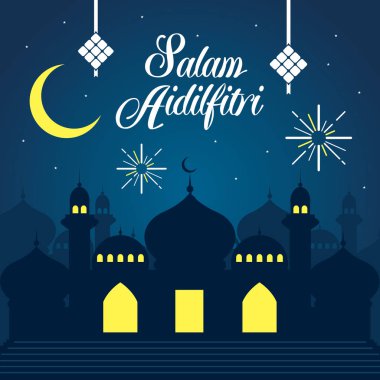 Hari Raya Aidilfitri vektör çizim ile geleneksel malay Camii. 